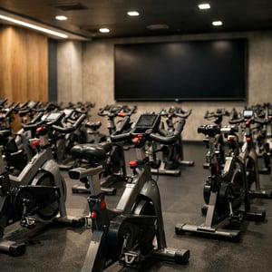 A professional photo of a modern indoor cycling studio in a highend gym empty room with no people rows of realistic stationary bikes with slight varia